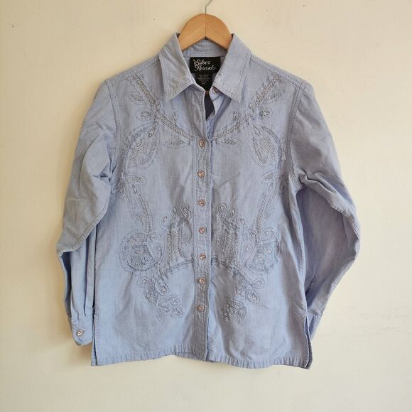 Vtg 90s Silver Threads Shirt Womens Sm Blue Denim Embroidered Western Button Up - Picture 2 of 9